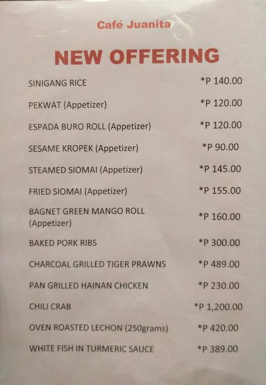 Menu at Cafe Juanita, Pasig, 19 W Capitol Dr