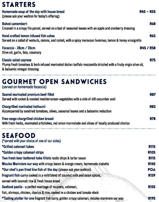 Butterfly Blu Menu, Menu for Butterfly Blu, Knysna, Western Cape