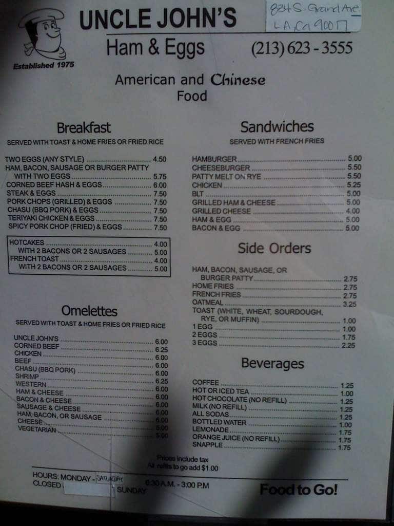 Uncle John's Cafe Menu, Menu for Uncle John's Cafe, Downtown, Los
