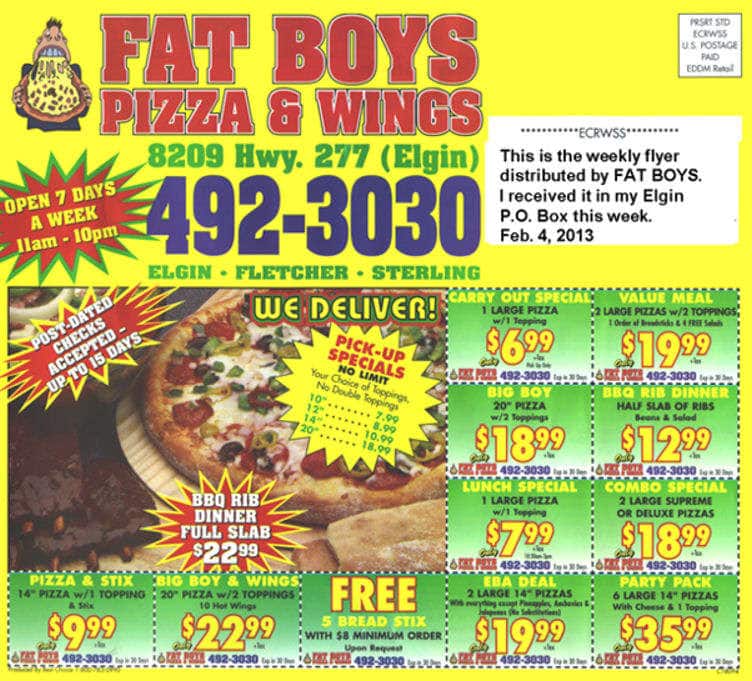 Menu at Fat Boys Pizza pizzeria, Elgin