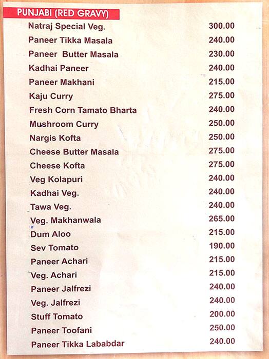 Menu at Natraj Dining Hall And Restaurant, Udaipur, 2224