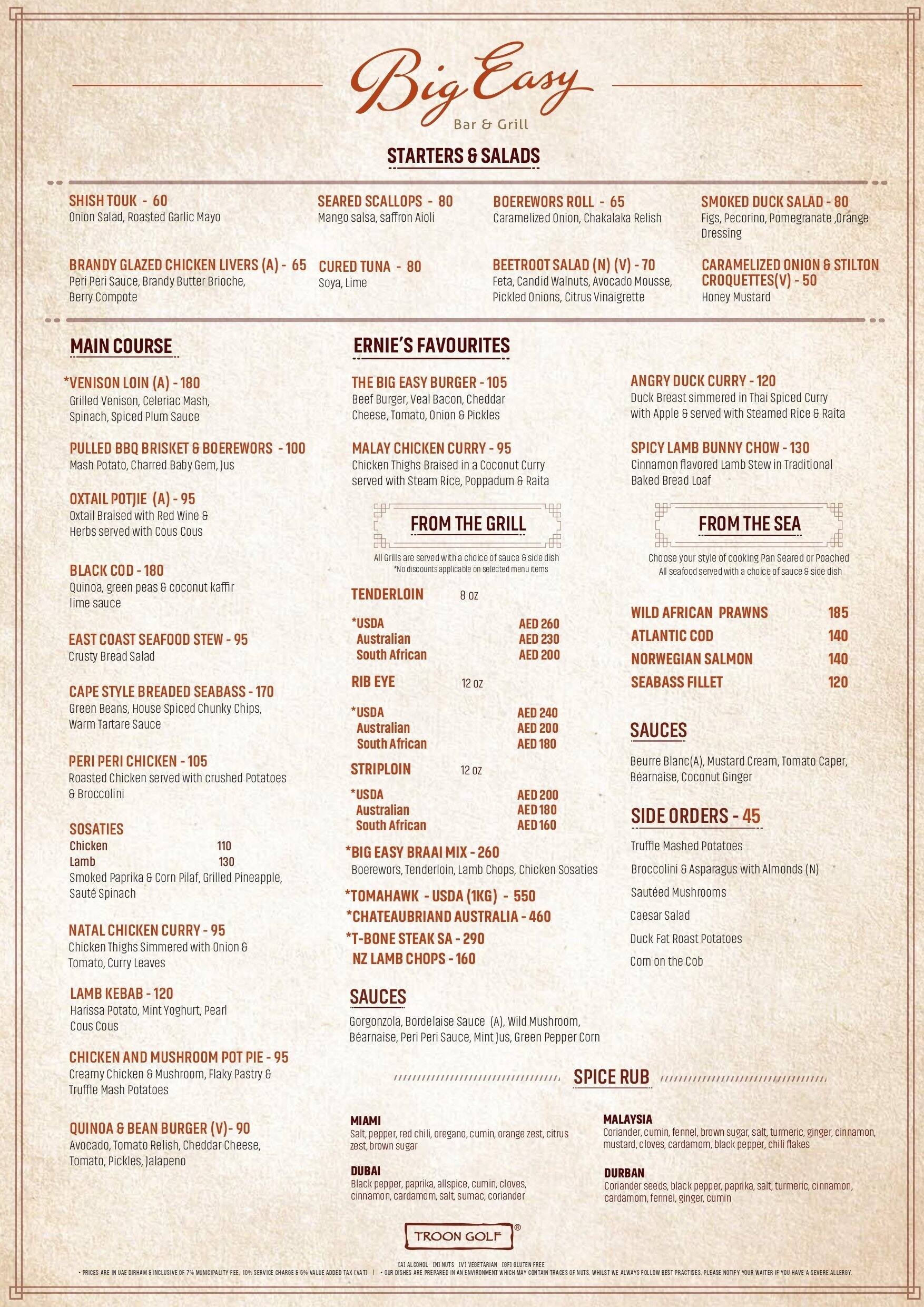 Big easy outlet menu