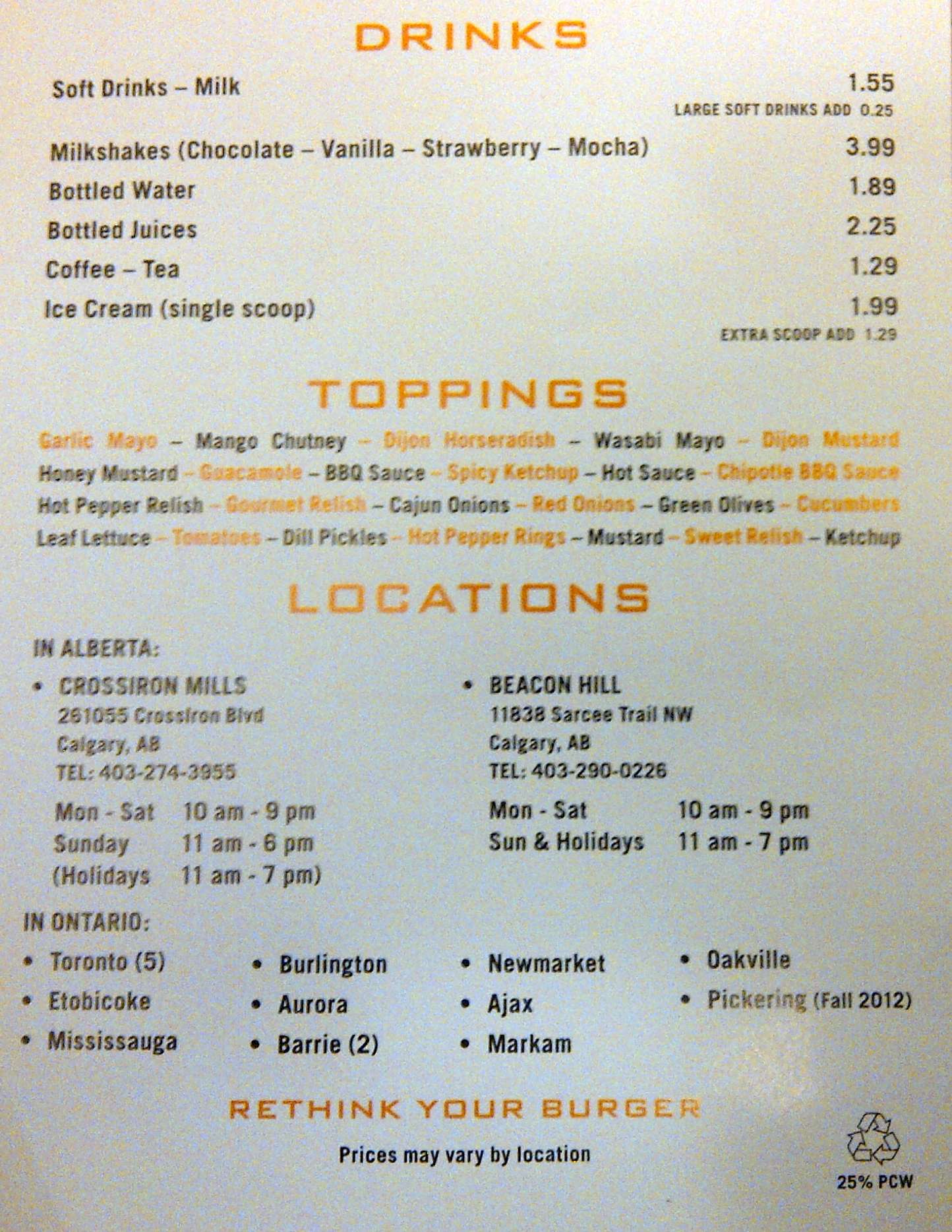 Menu at South Street Burger restaurant, Calgary, Sarcee Trail NW H109