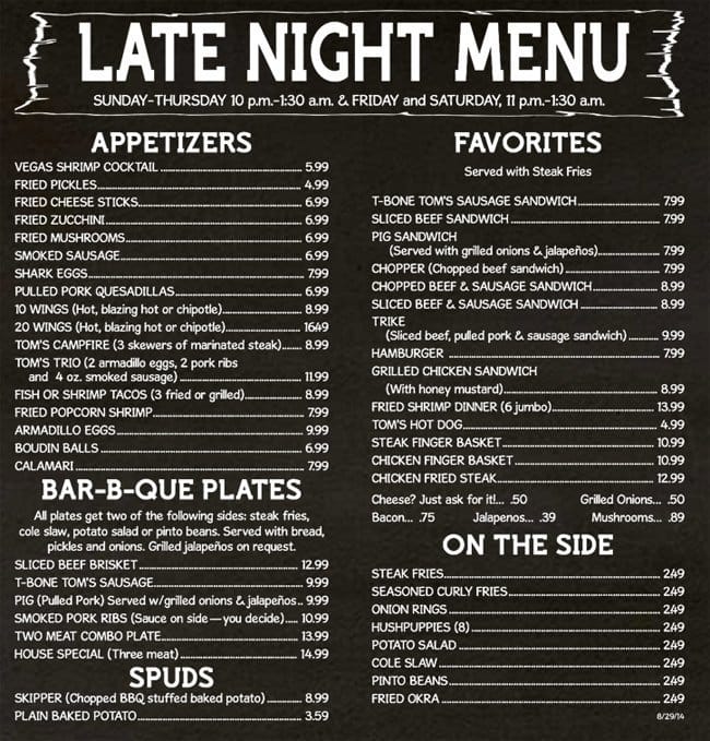 Menu at TBone Tom's BBQ, Kemah