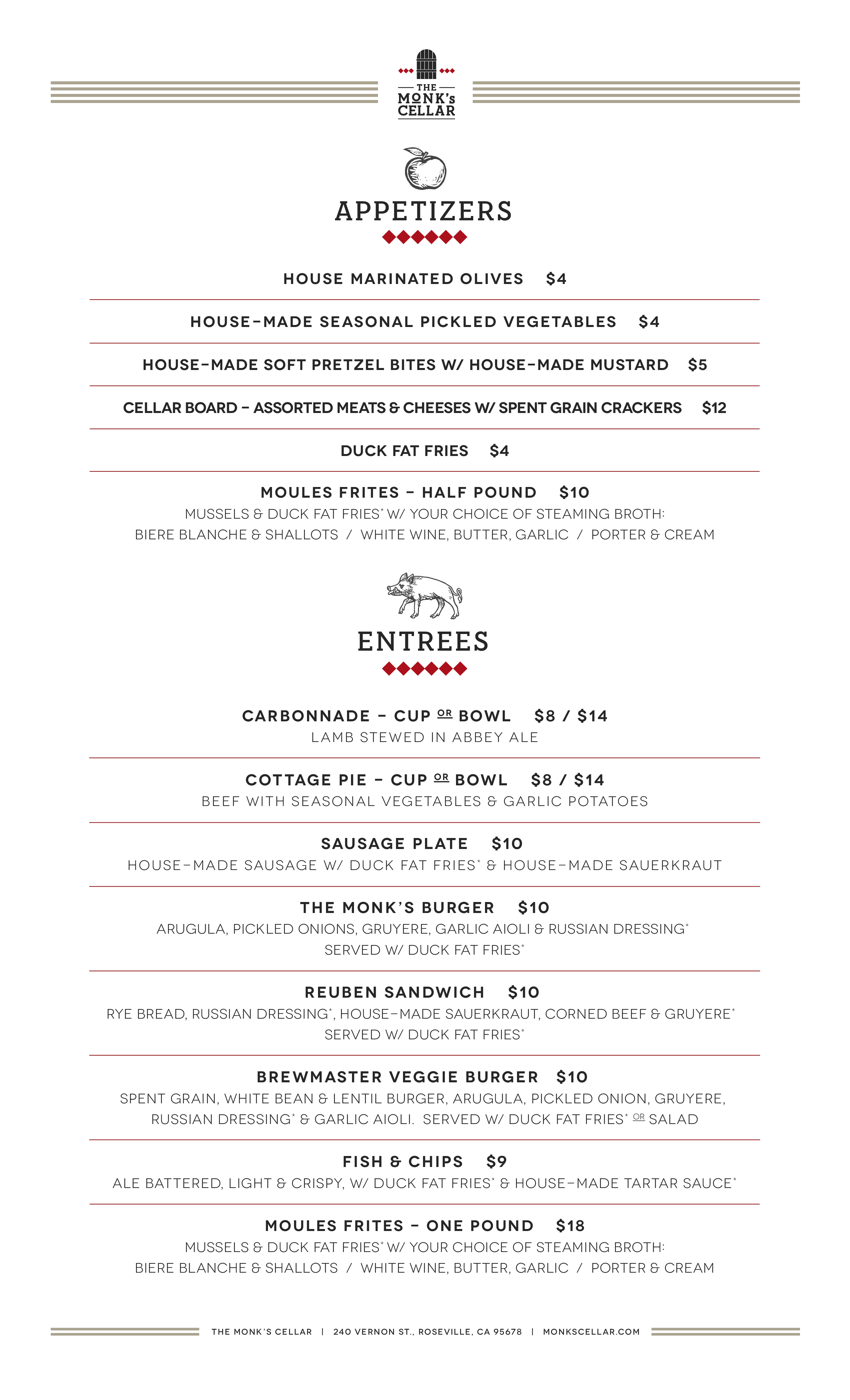 Monk's Cellar Menu, Menu for Monk's Cellar, Roseville, Sacramento