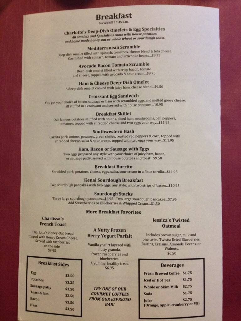 Menu at Charlotte's Restaurant, Kenai