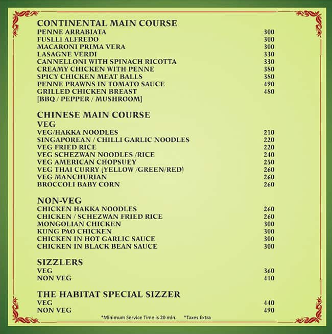 Menu at The Habitat, Nagpur