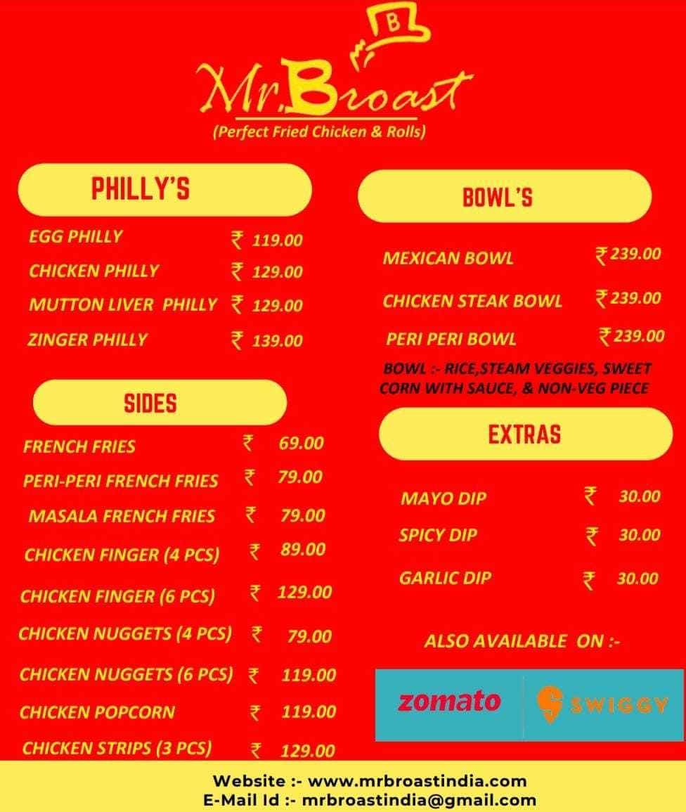 Menu of Mr. Broast, Old Madras Road, Bangalore