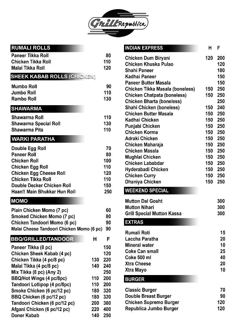 Grill Republica menu
