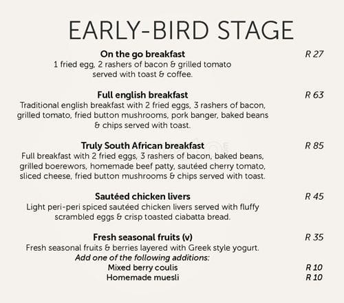 Stage Menu Menu at Stages restaurant, Johannesburg, Loveday Street