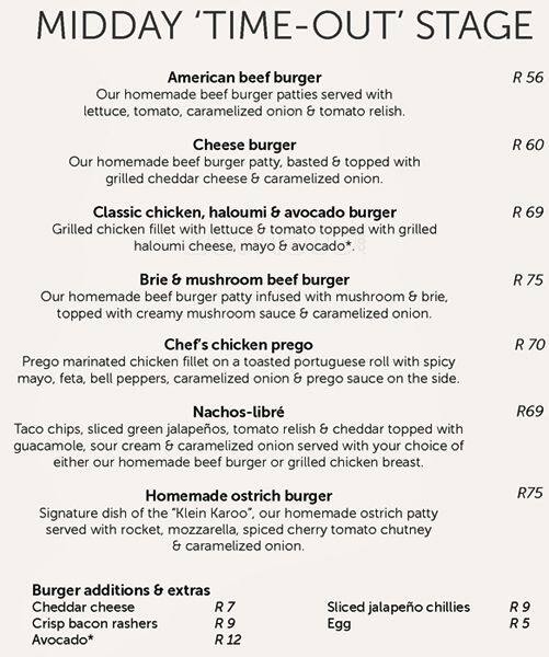Stage Menu Menu at Stages restaurant, Johannesburg, Loveday Street