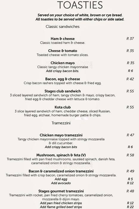 Stage Menu Menu at Stages restaurant, Johannesburg, Loveday Street