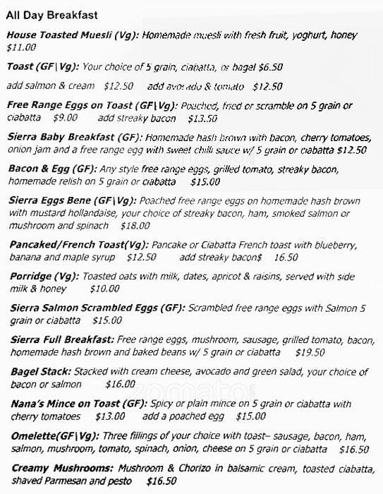 Sierra Cafe Menu, Menu for Sierra Cafe, Takapuna, Auckland Menumania