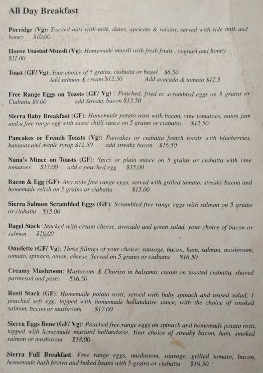 Sierra Cafe Menu, Menu for Sierra Cafe, Takapuna, Auckland Menumania