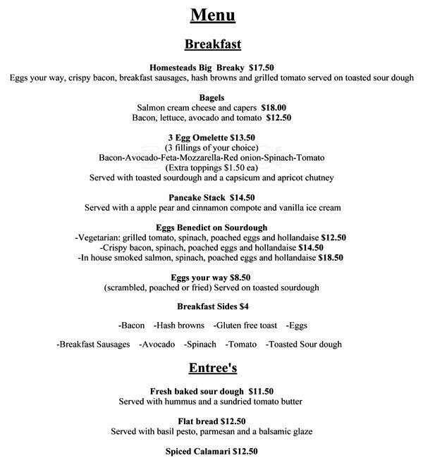 Menu at Homestead Bar & Eatery, New Zealand