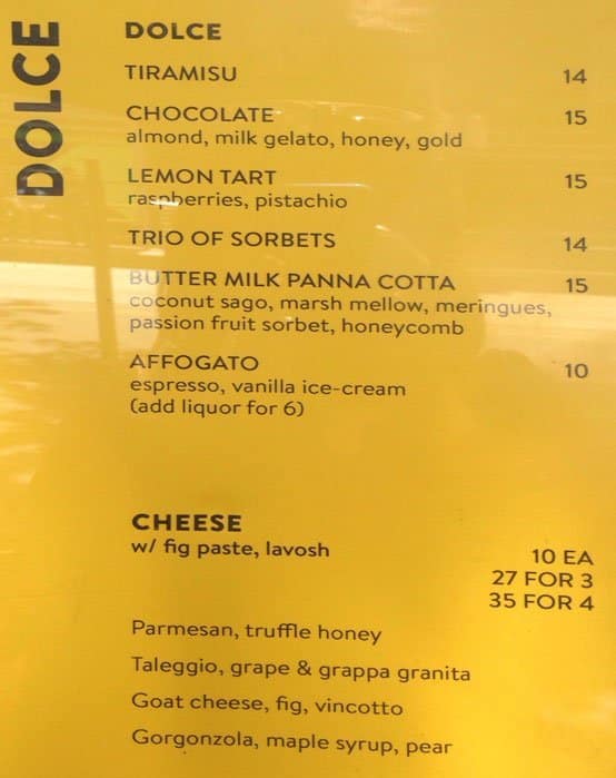 Menu at Society restaurant, Melbourne, 80 Collins St