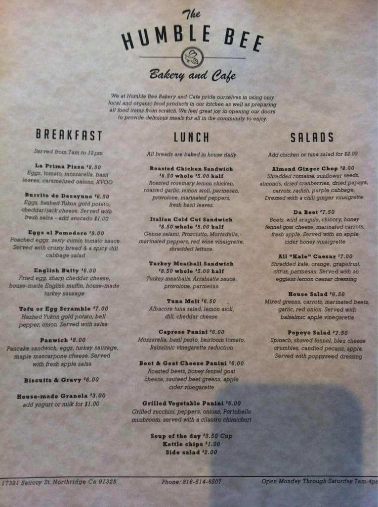 Menu At Humble Bee Bakery & Cafe, Los Angeles