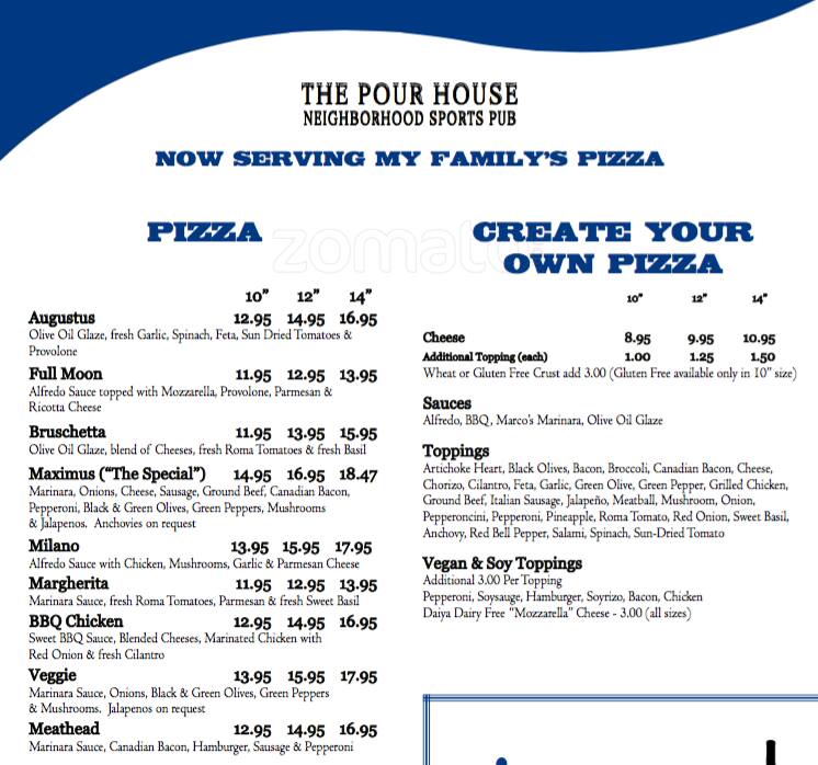 The Pour House menu