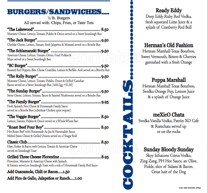 The Pour House menu