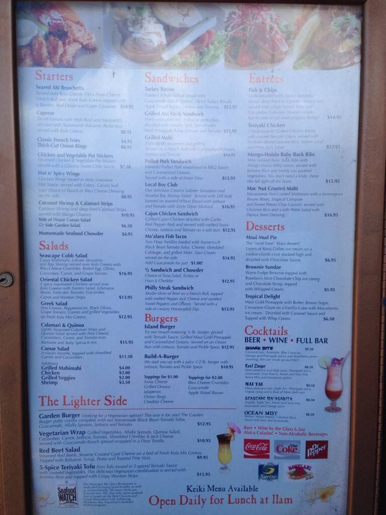Seascape at Ma'Alaea menu Urbanspoon/Zomato