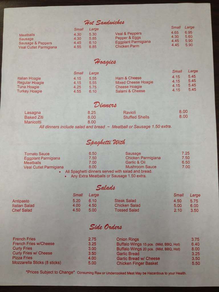 Menu at Joe's Pizza West End pizzeria, Williamsport, 967 W 3rd St