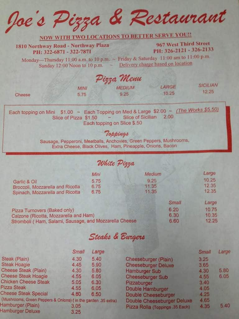 Menu at Joe's Pizza West End pizzeria, Williamsport, 967 W 3rd St