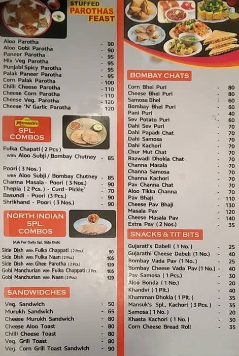 Mansukh's Sweets and Snacks menu