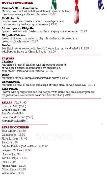 Menu at Pancho Villas restaurant, Edinburgh