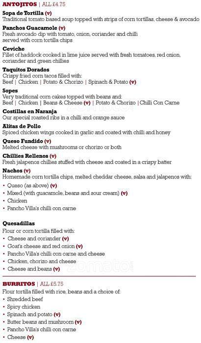 Menu at Pancho Villas restaurant, Edinburgh