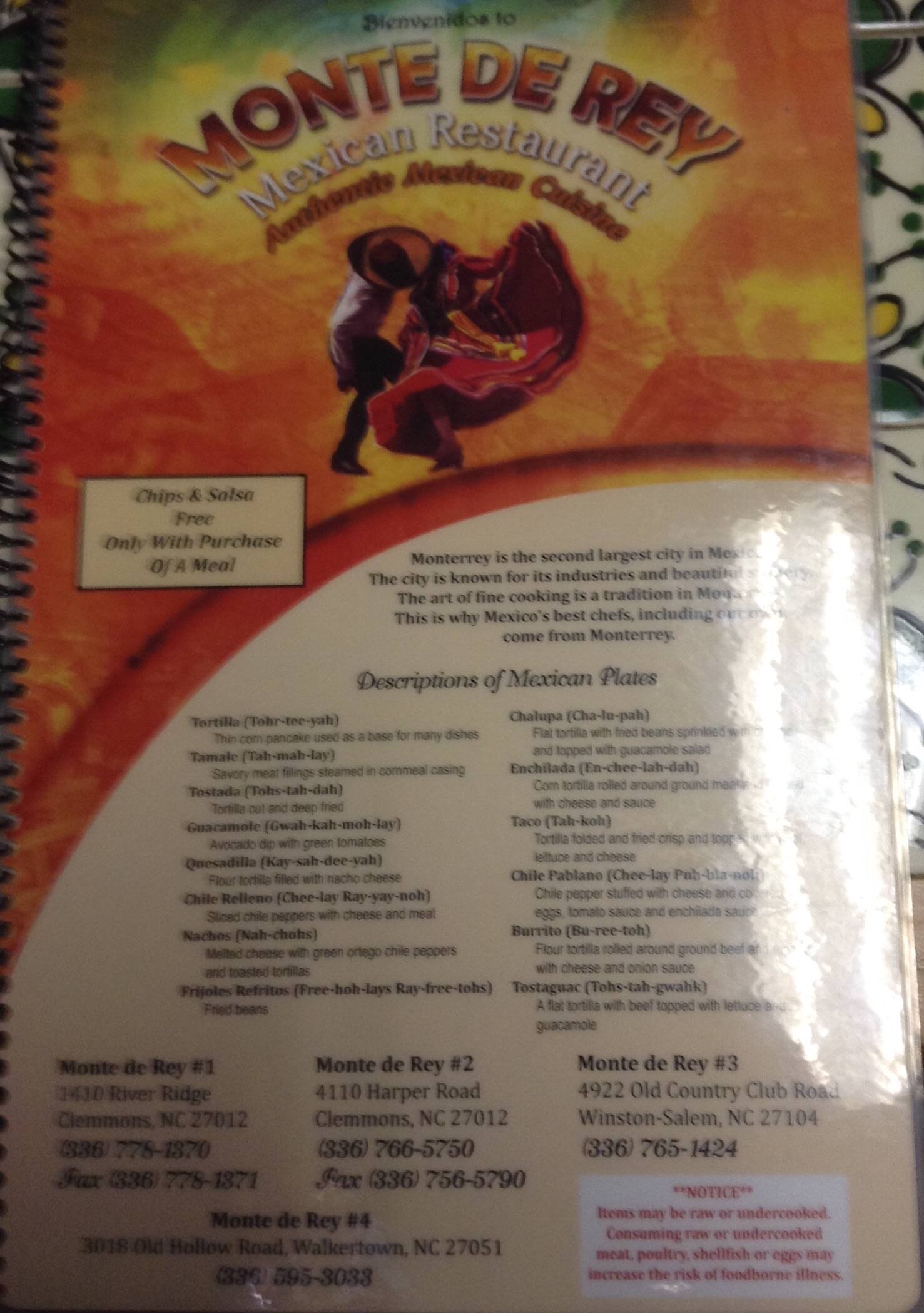 Menu at Monte de Rey restaurant, Walkertown, Old Hollow Rd