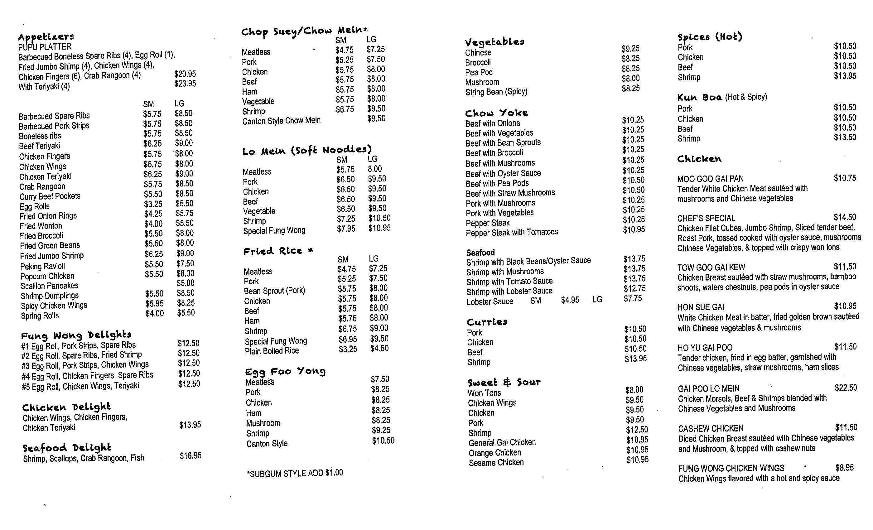 Fung Wong Restaurant Menu For Clinton Fung Wong Restaurant Clinton Menu