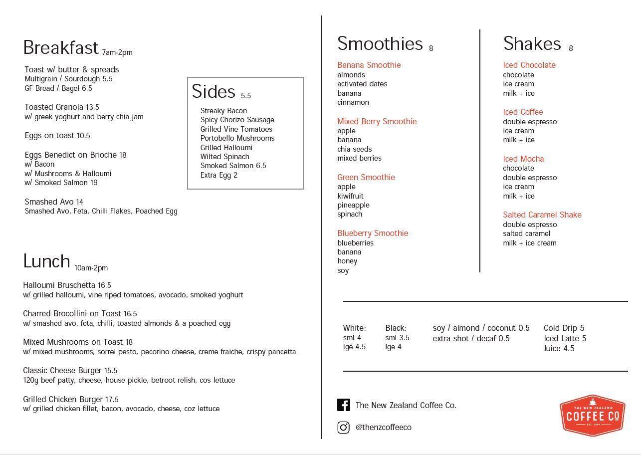 The New Zealand Coffee Co Menu Menumania/Zomato