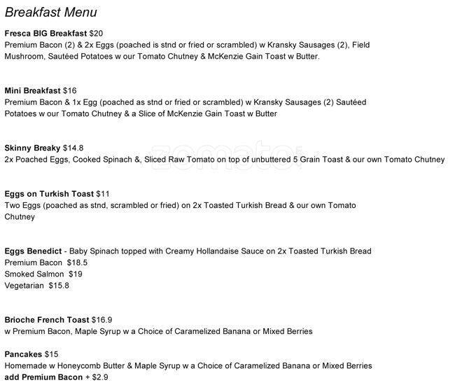 Cafe Fresca Menu, Menu for Cafe Fresca, Hamilton Lake, Hamilton