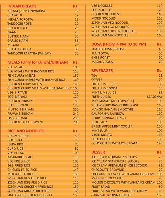 Menu at Carnival Food Court, Kochi, Edapally