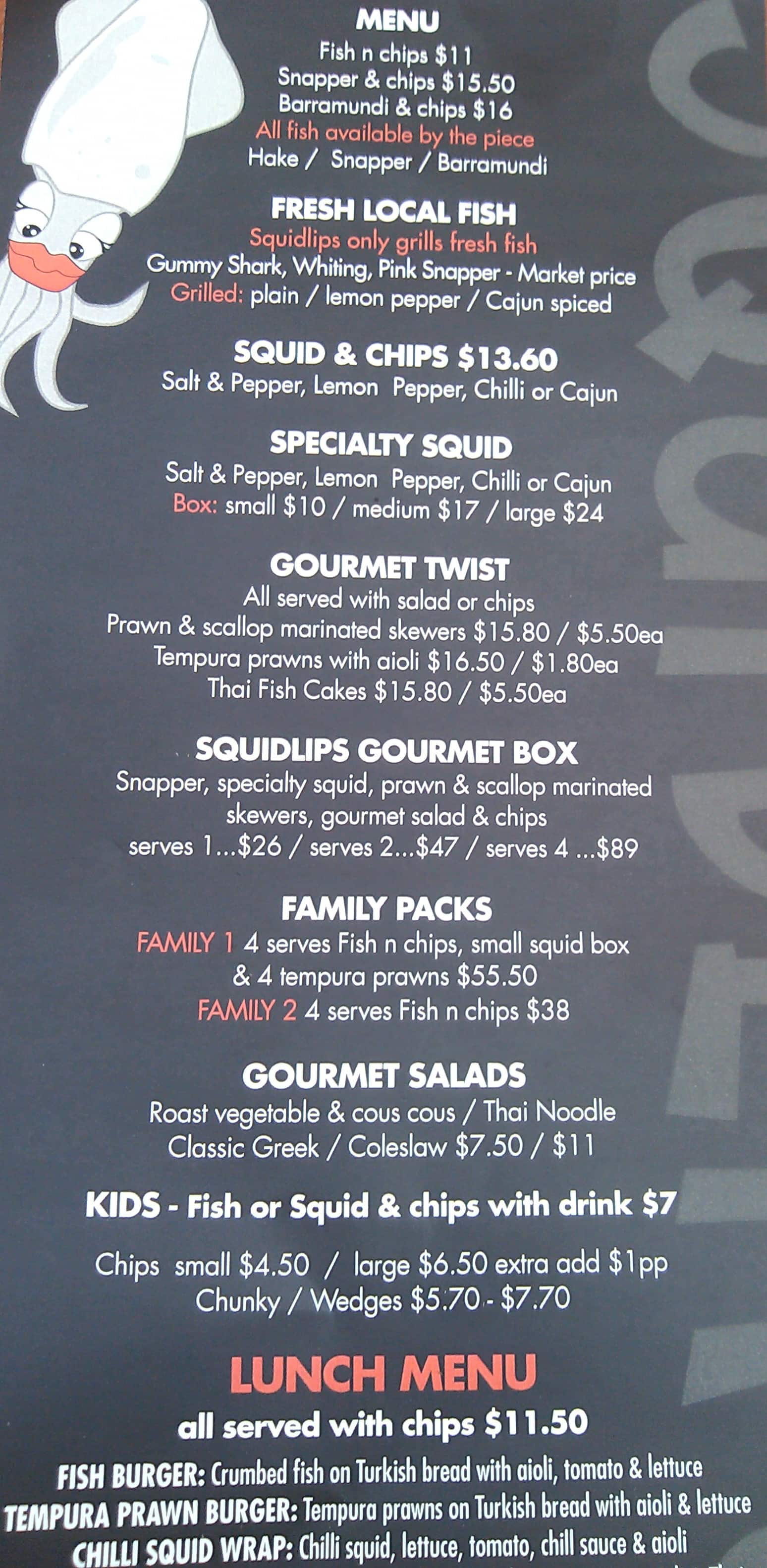 Menu at Squid Lips restaurant, Margaret River, 118 Bussell Hwy
