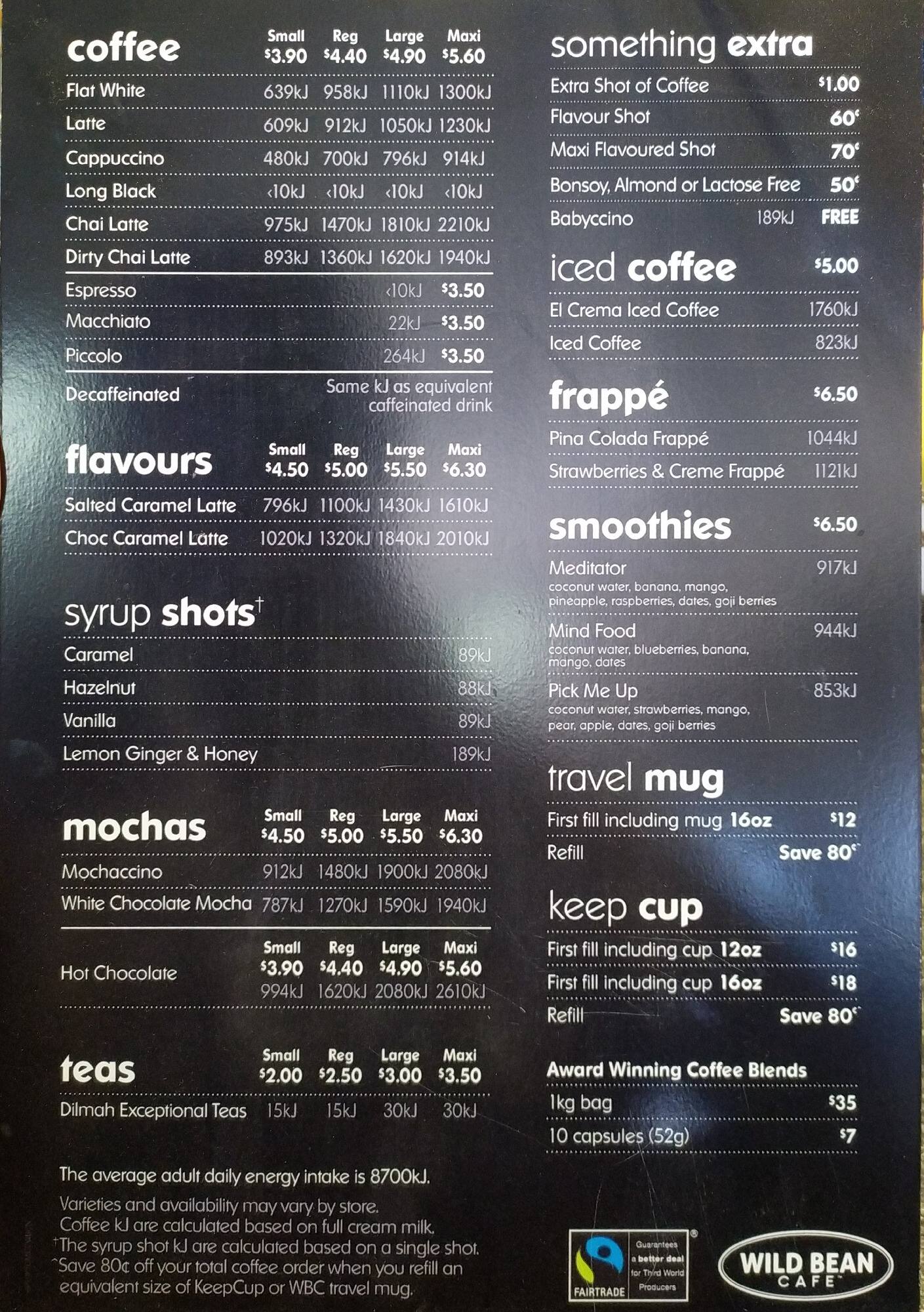 Menu of Wild Bean Cafe, Kingsford, Sydney