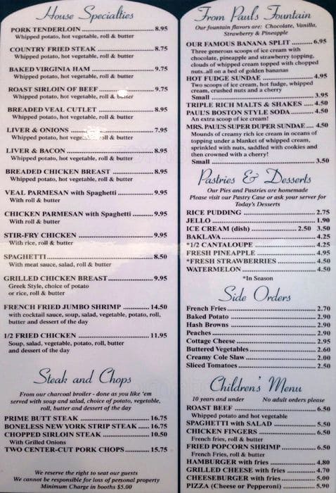 Menu at Paul's Family Restaurant, Elgin