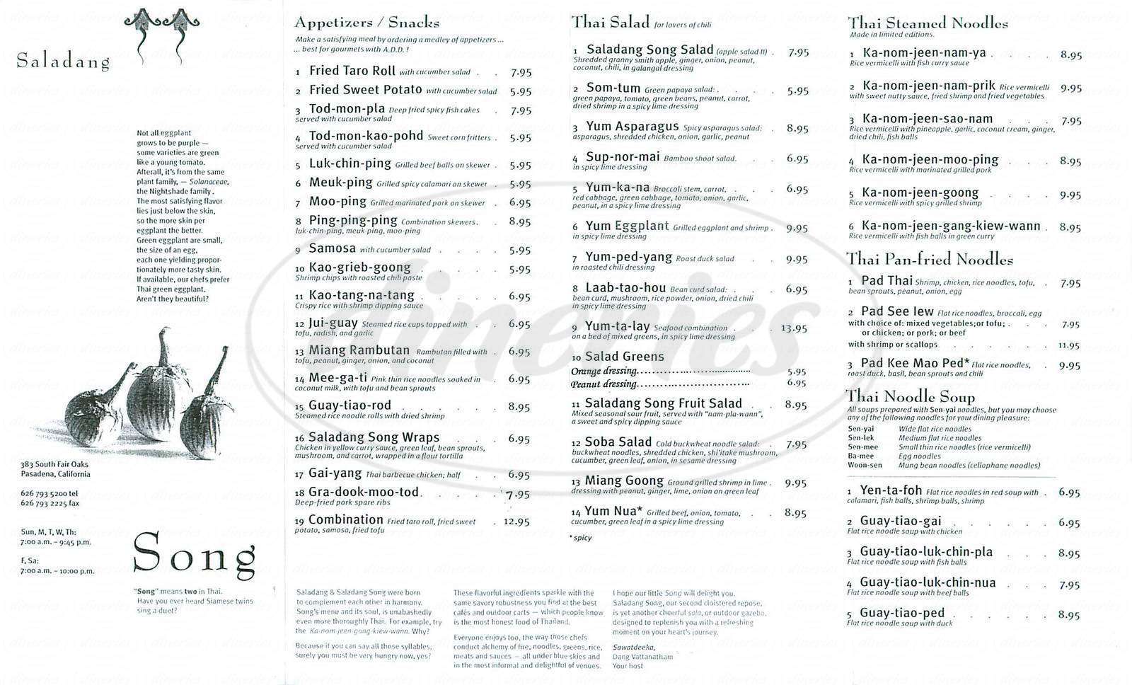 Saladang Song Menu, Menu for Saladang Song, South Arroyo, Pasadena