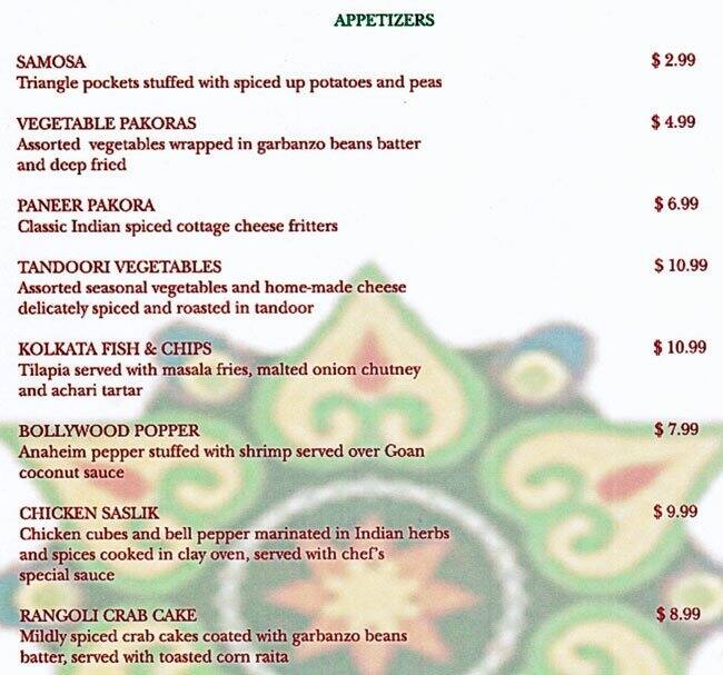 Rangoli Menu, Menu for Rangoli, Cypress, Houston Urbanspoon/Zomato