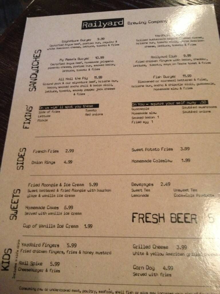 Railyard Brewing Company Menu, Menu for Railyard Brewing Company