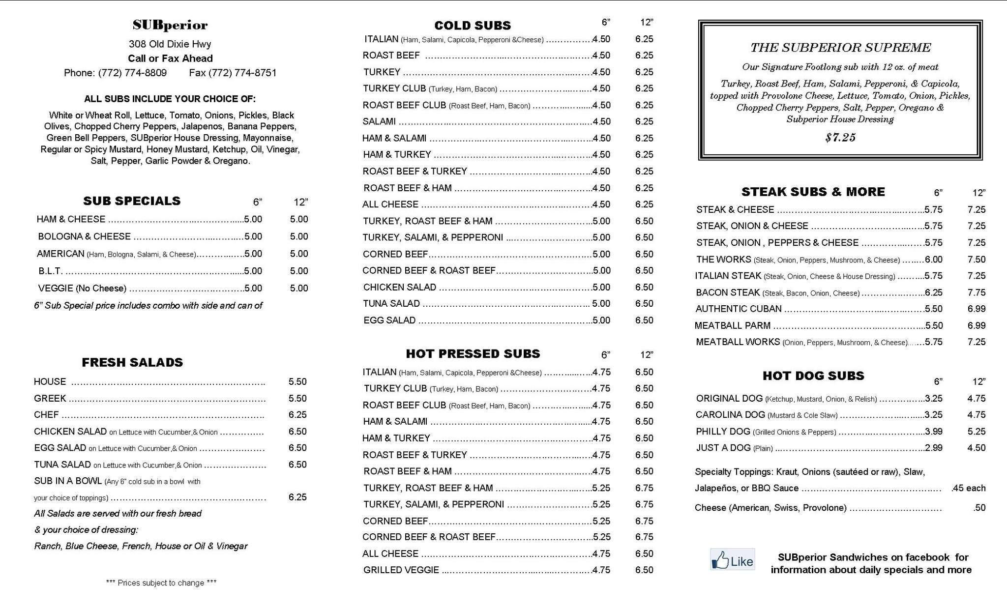 SUBperior Sandwiches Menu, Menu for SUBperior Sandwiches, Vero Beach