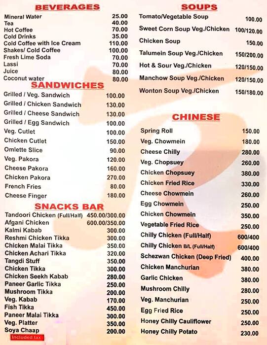 Tawa Restaurant menu