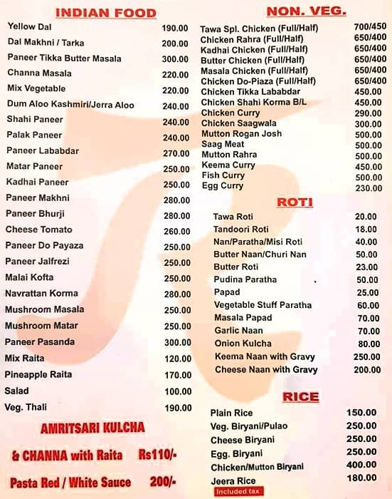 Tawa Restaurant menu