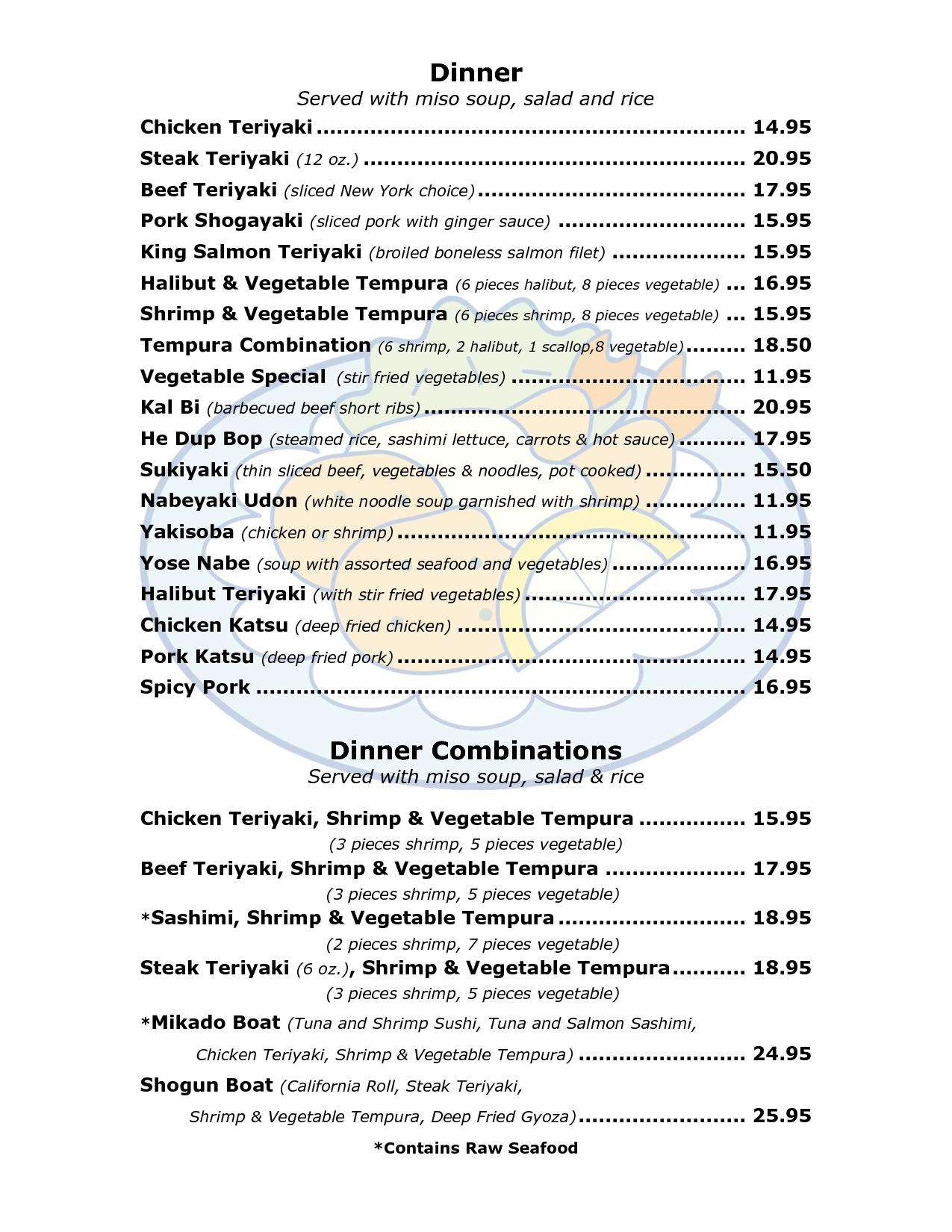 Menu at Arigato Japanese restaurant, Anchorage