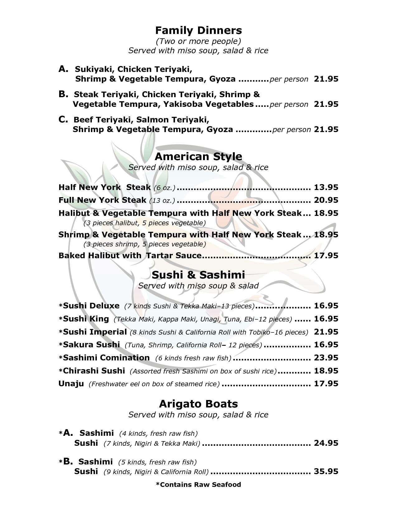 Menu at Arigato Japanese restaurant, Anchorage