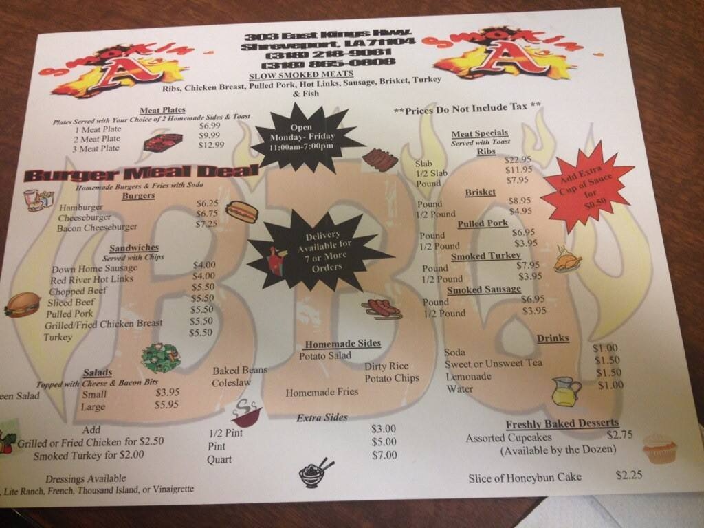 Smokin' A's Menu, Menu for Smokin' A's, Shreveport, Shreveport