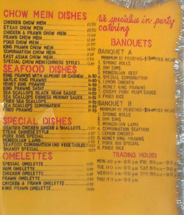 Menu at Sun Chung Cafe, Aspley