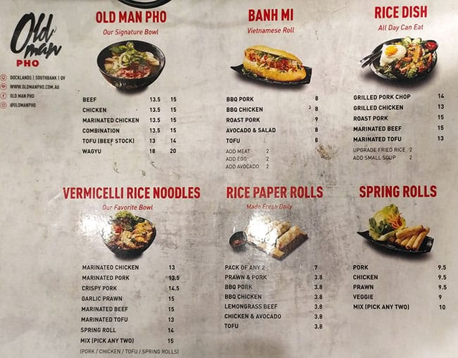 Menu at Old Man Pho Melbourne Central - Vietnamese Restaurant, Melbourne