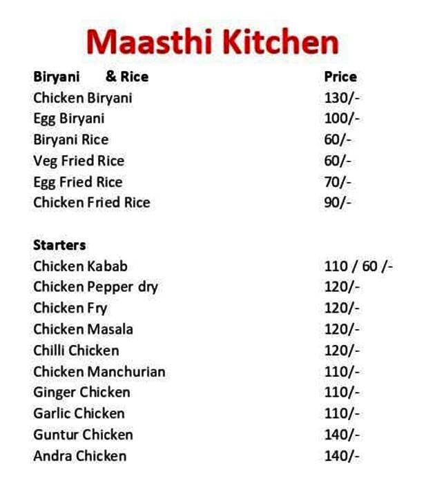 Menu of Maasthi Kitchen, Koramangala 1st Block, Bangalore