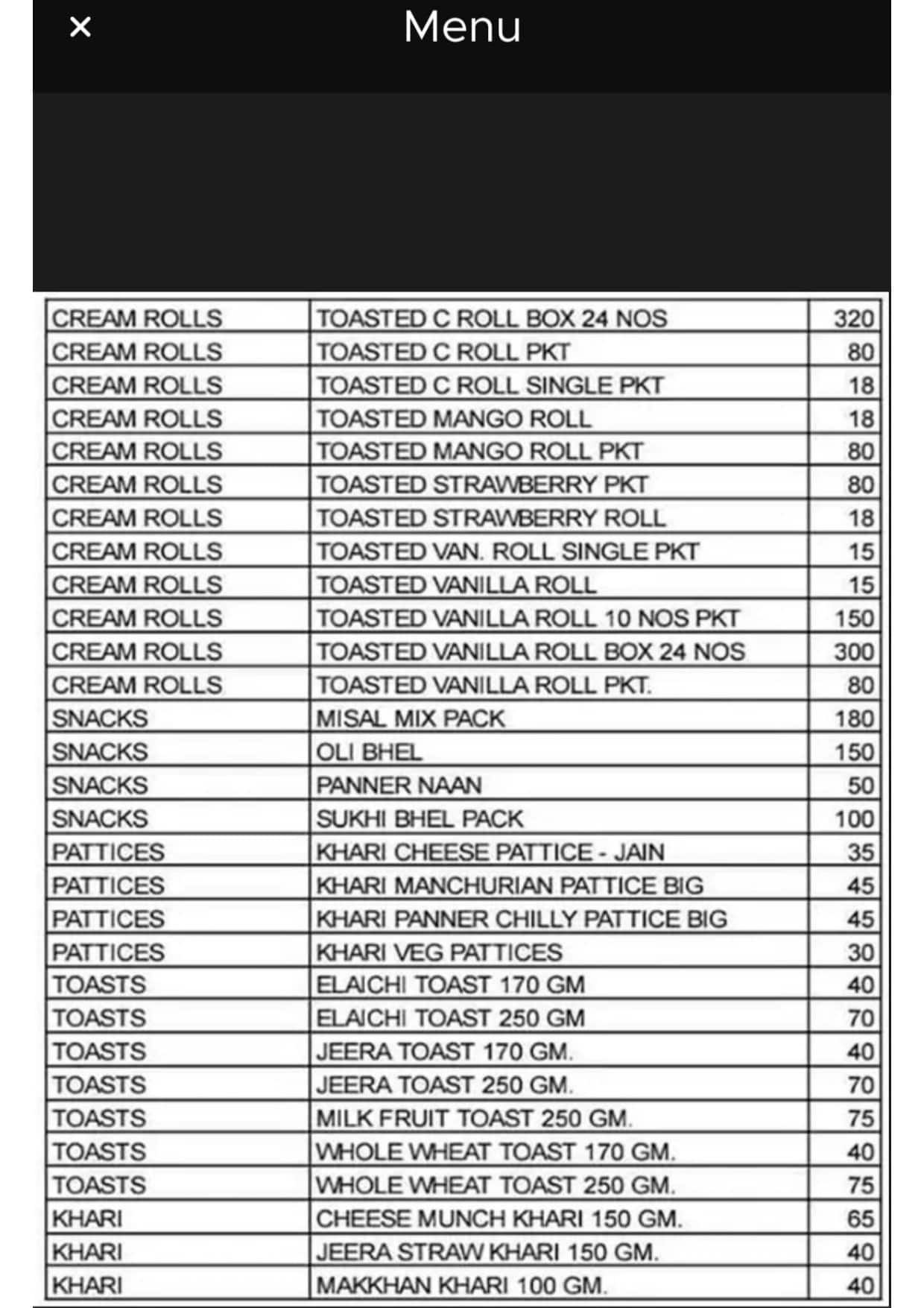 New Poona Bakery menu